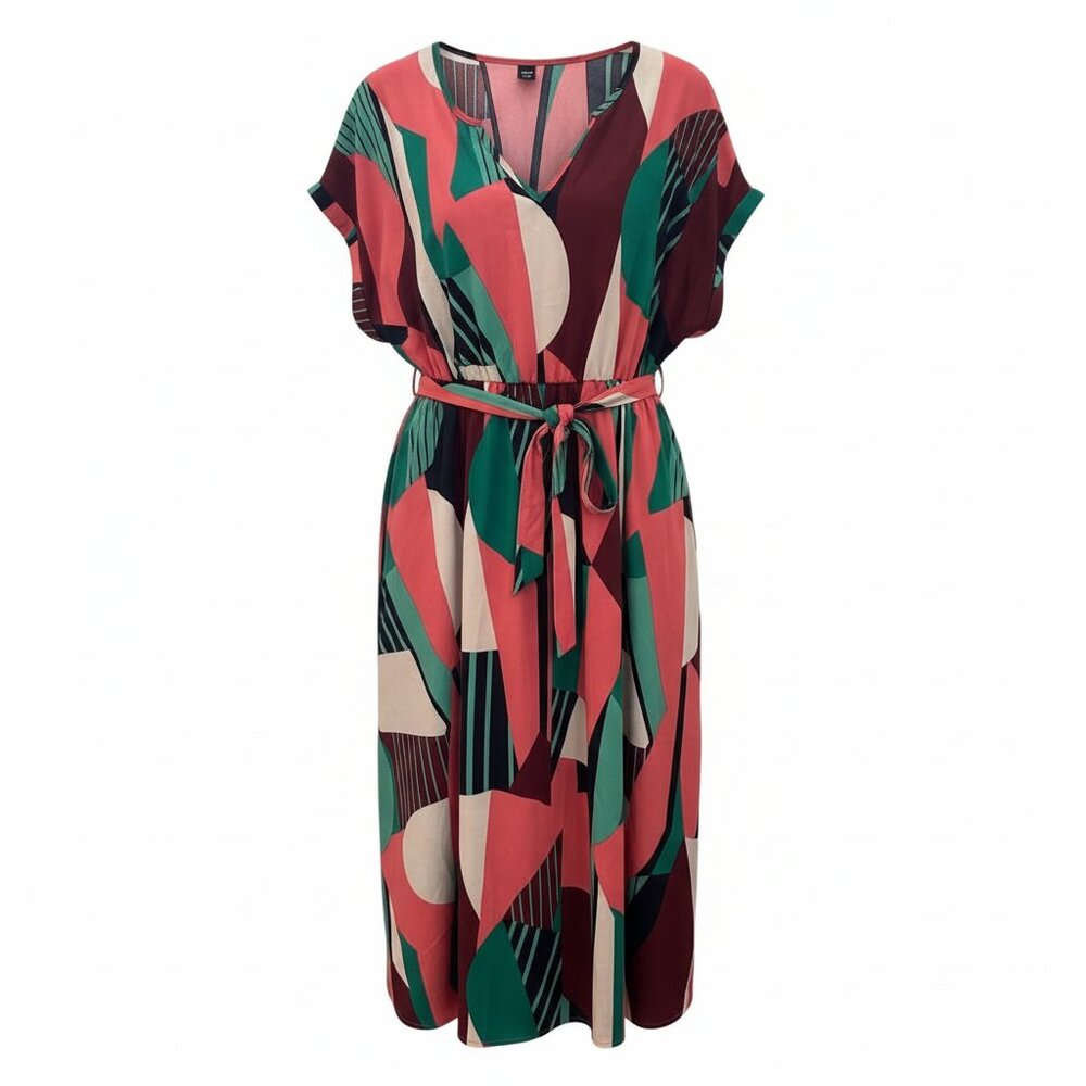 Shein Empire Waist Cuffed Sleeve Multicolor V-Neck Fun Dress Size 0XL